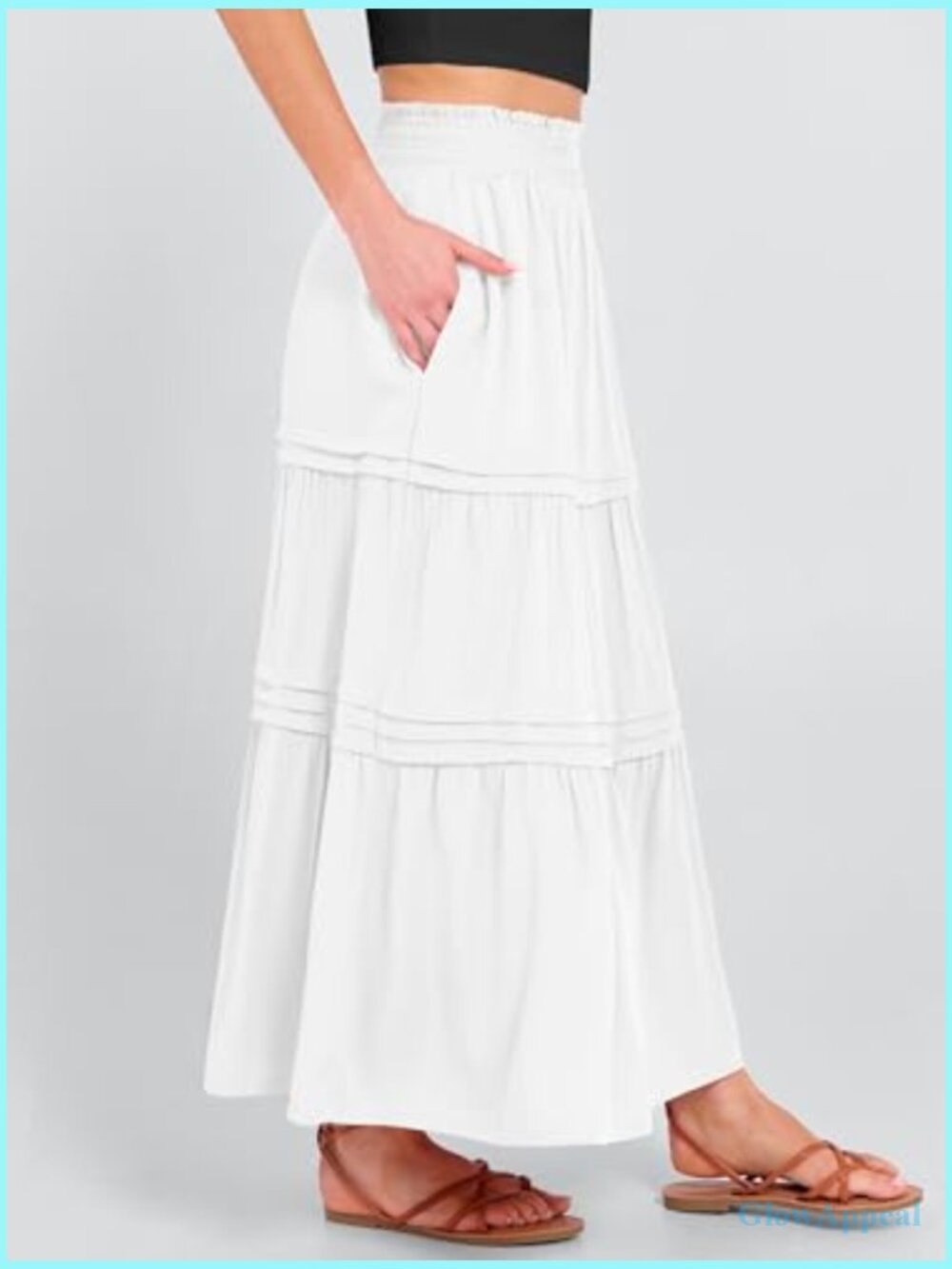 High Waisted Elastic Flowy Tiered Boho Maxi Skirt with Pockets - Picture 3 of 7